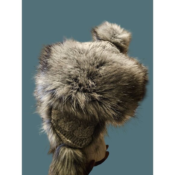 Bajka/Ushanka Gray Black Faux Fur Knit Hat with Pom Pom & Ear Flaps - Picture 10 of 10